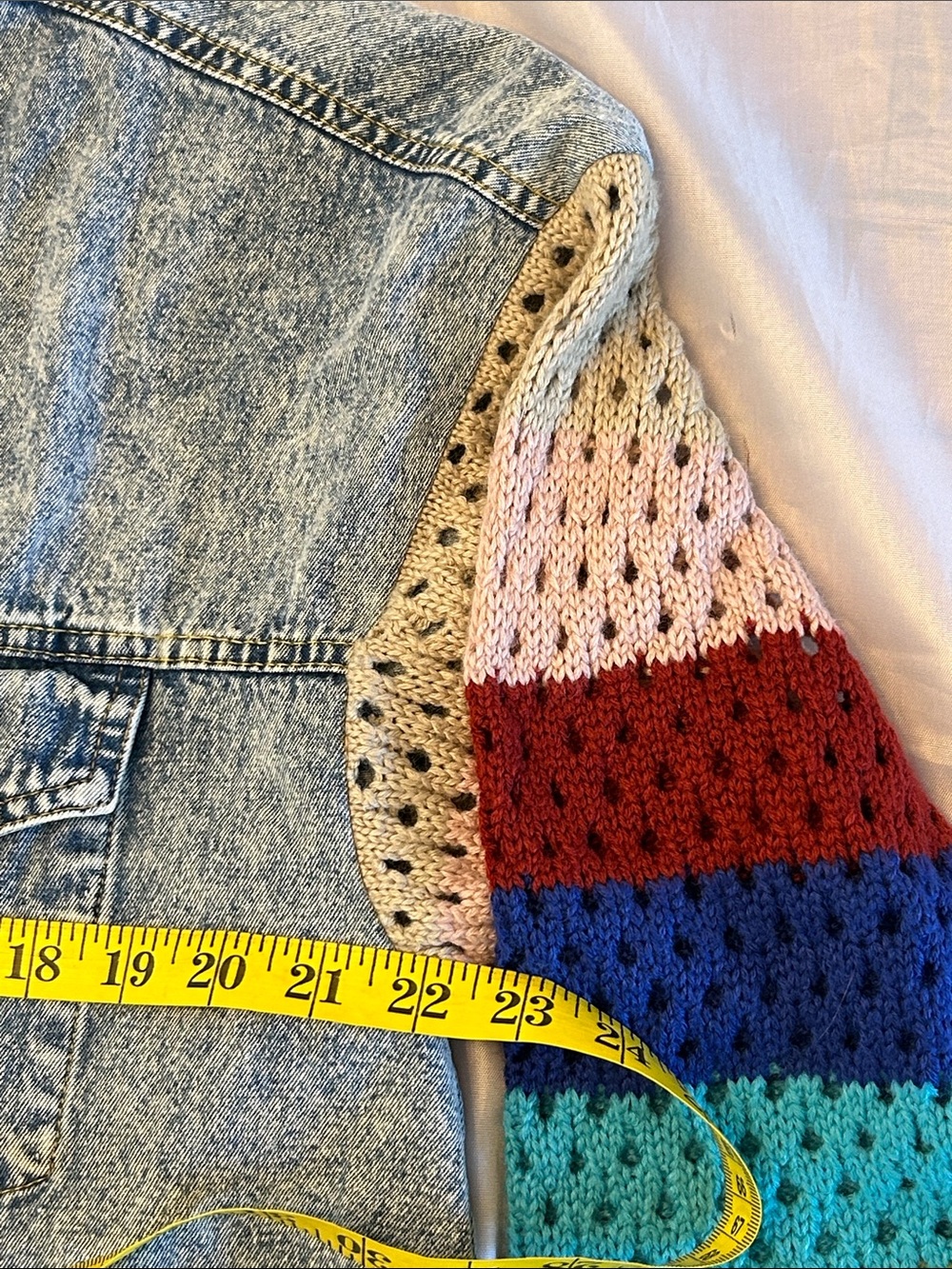 Vintage elan Acid Wash Denim Jacket with Colorful Crochet Striped Sleeves - Picture 10 of 10